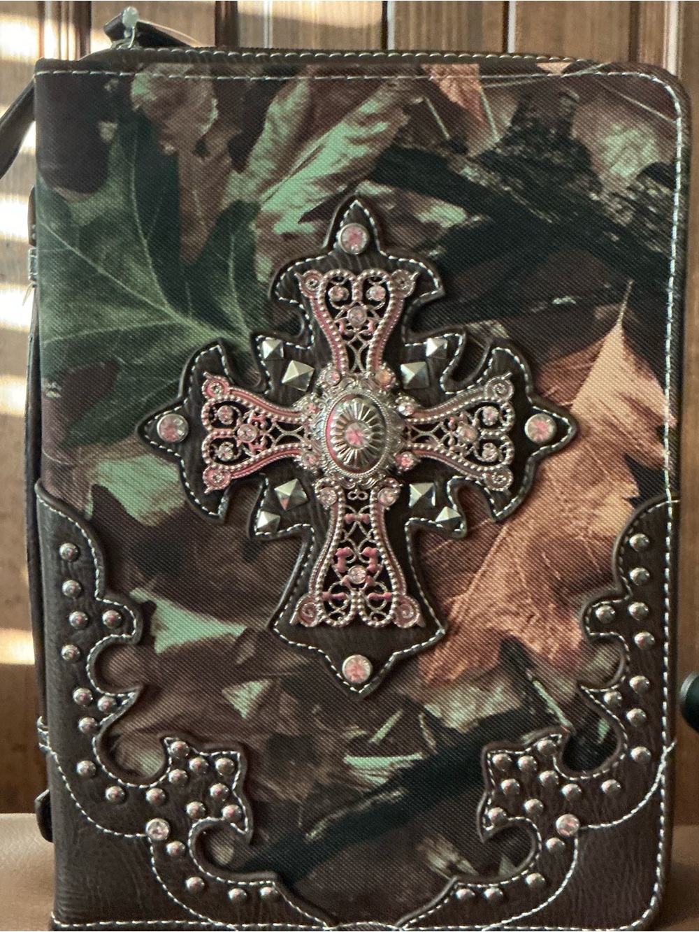 Camo Cross Zip-Around Wallet with Pink Rhinestones